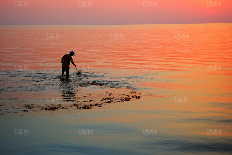 海边赶海落日海滩摄影图