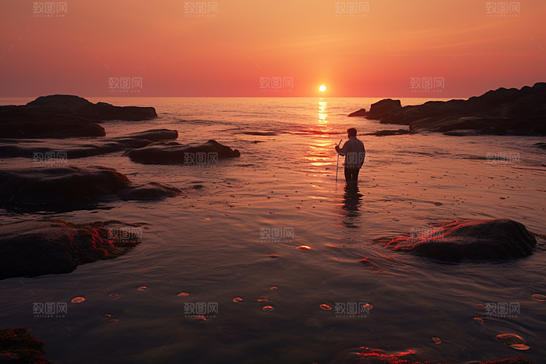海边赶海海滩余晖摄影图