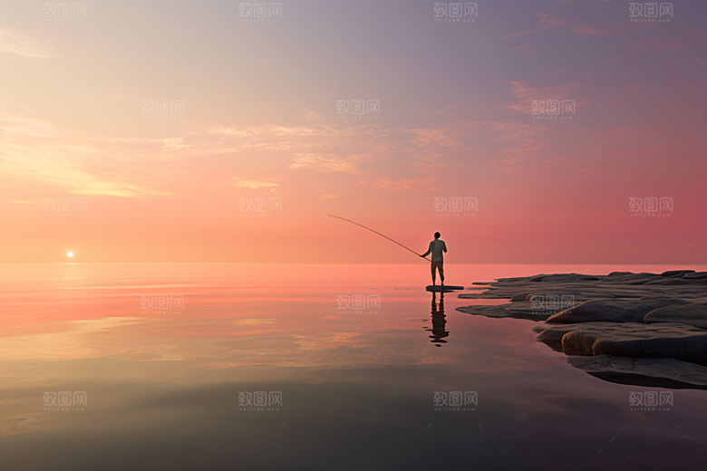 海边赶海夕阳礁石摄影图