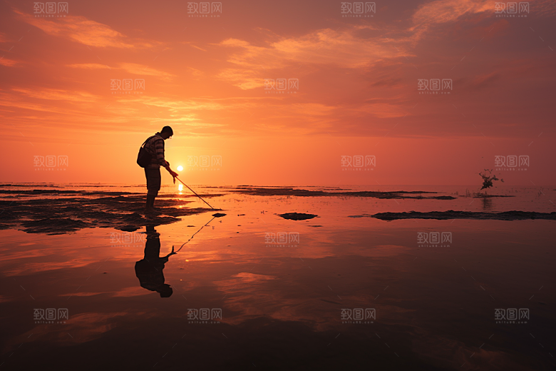 海边赶海捕捞海滩摄影图