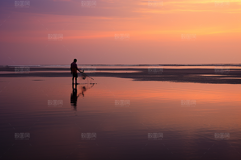 海边赶海黎明滩涂摄影图