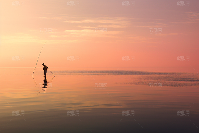 海边赶海夕阳余晖摄影图
