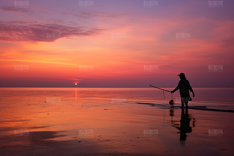海边赶海清晨滩涂摄影图