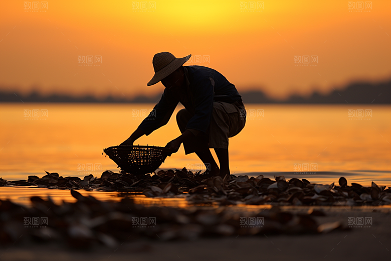 海边赶海余晖捕捞摄影图