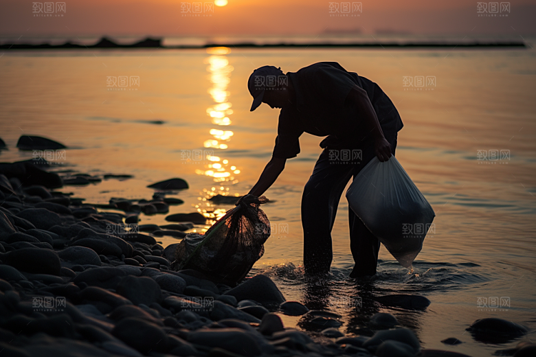 海边赶海海货落日摄影图