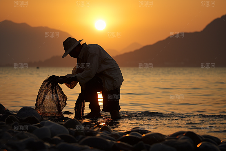 海边赶海潮汐夕阳摄影图