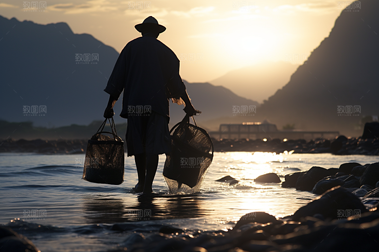 海边赶海海滩余晖摄影图