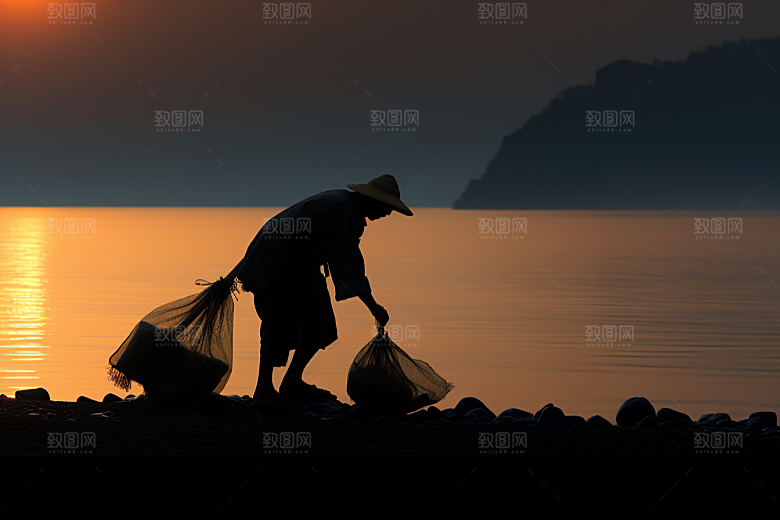 海边赶海落潮夕阳摄影图