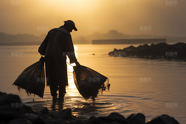 海边赶海落潮落日摄影图