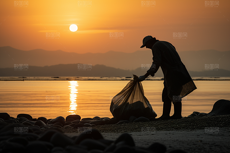 海边赶海落潮夕阳摄影图
