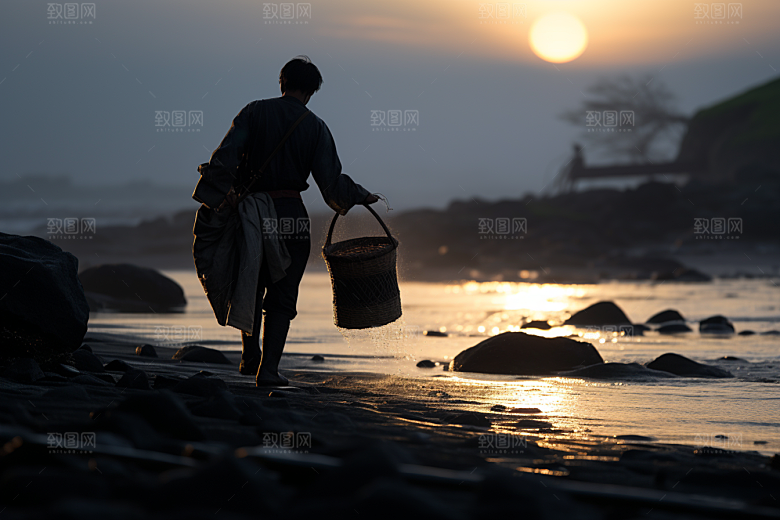 海边赶海清晨余晖摄影图