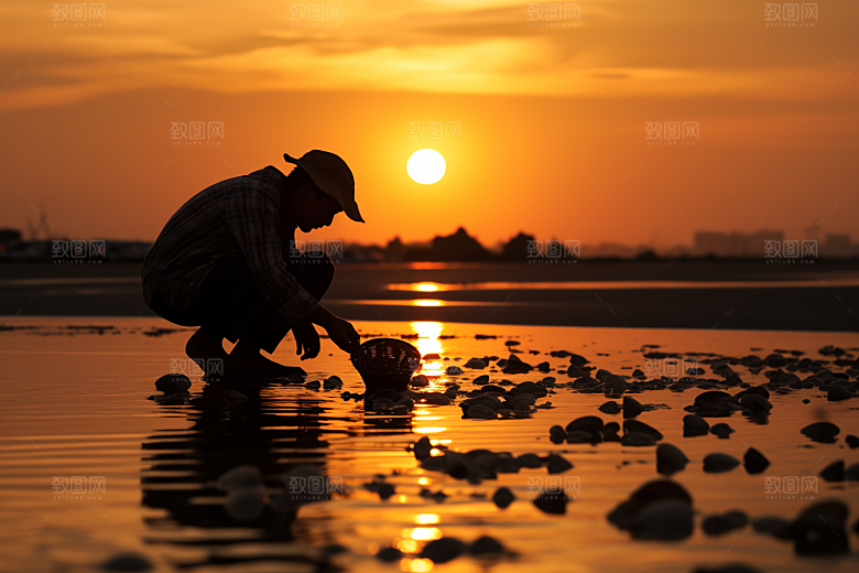 海边赶海礁石余晖摄影图