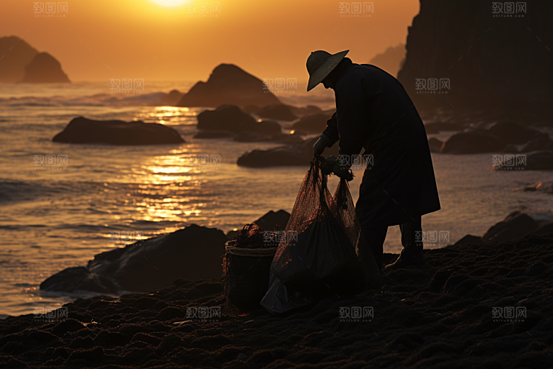 海边赶海礁石夕阳摄影图