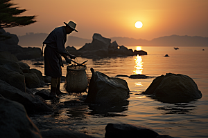 海边赶海清晨渔获摄影图