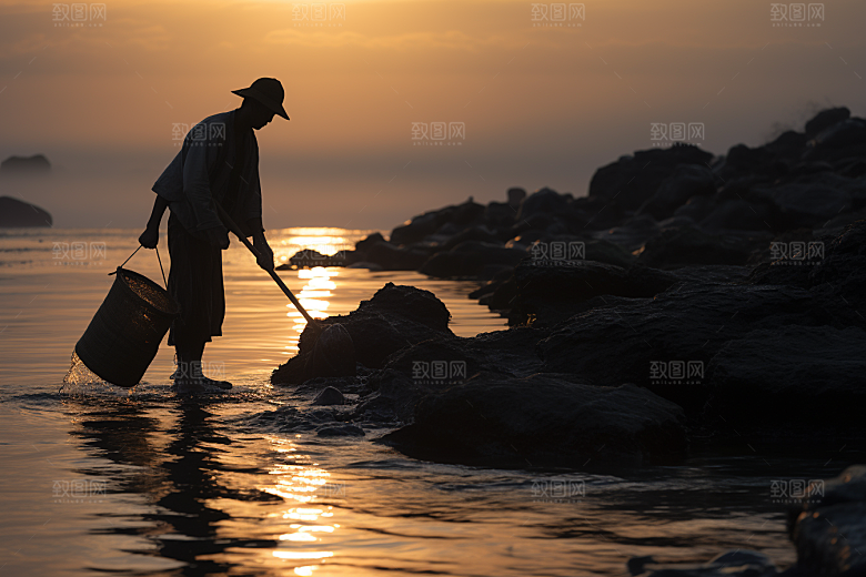 海边赶海黎明清晨摄影图