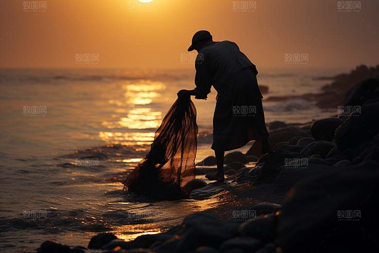 海边赶海海滩落日摄影图