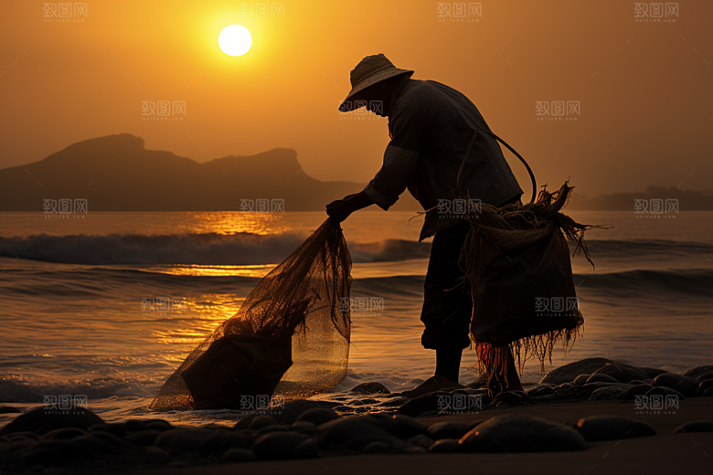 海边赶海落日海滩摄影图