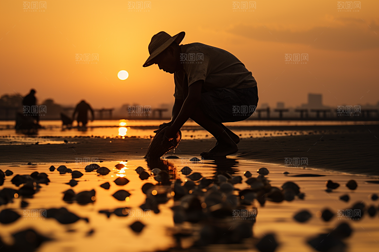 海边赶海清晨捕捞摄影图