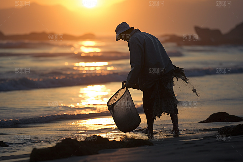 海边赶海清晨礁石摄影图