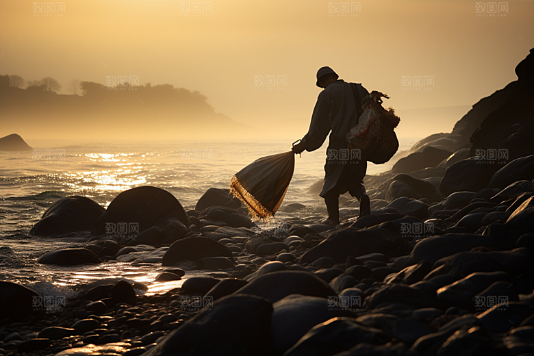 海边赶海海滩清晨摄影图