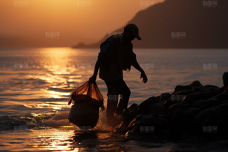 海边赶海捕捞潮汐摄影图