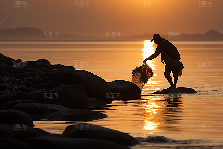 海边赶海落潮夕阳摄影图