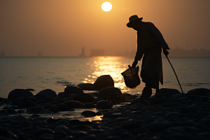 海边赶海落潮渔获摄影图