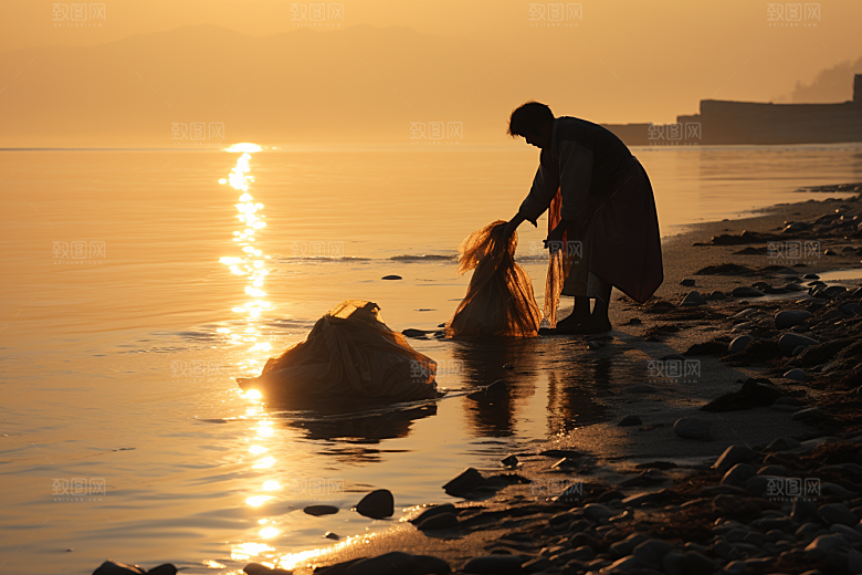 海边赶海捕捞余晖摄影图