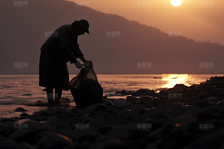 海边赶海余晖落日摄影图