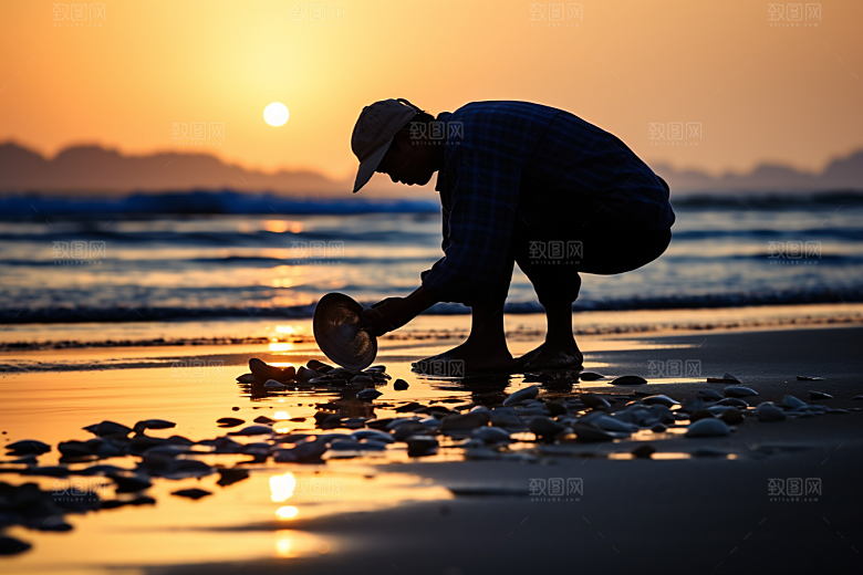 海边赶海夕阳礁石摄影图