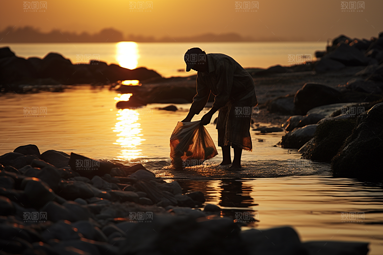 海边赶海落日夕阳摄影图