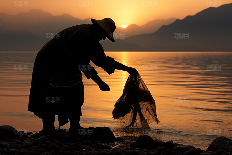 海边赶海潮汐夕阳摄影图