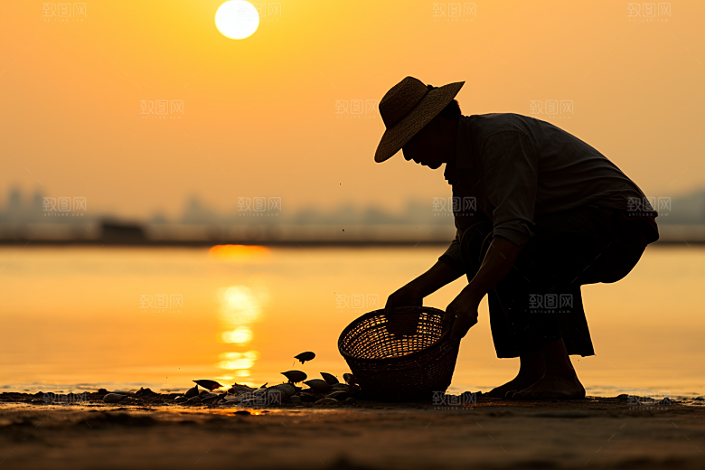 海边赶海落日夕阳摄影图