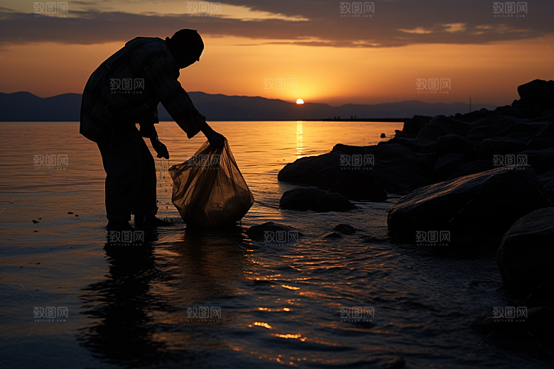 海边赶海夕阳高清摄影图