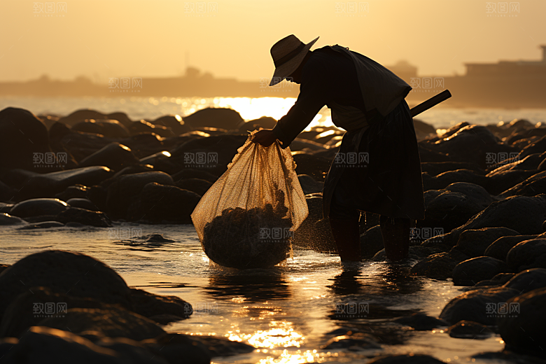 海边赶海夕阳渔获摄影图