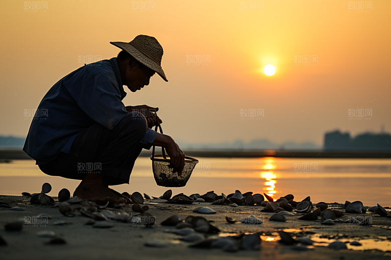 海边赶海捕捞潮汐摄影图