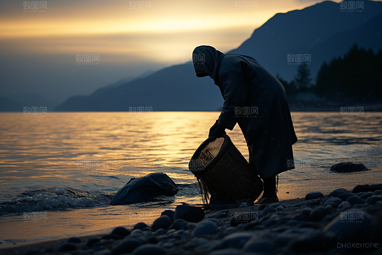 海边赶海潮汐落日摄影图