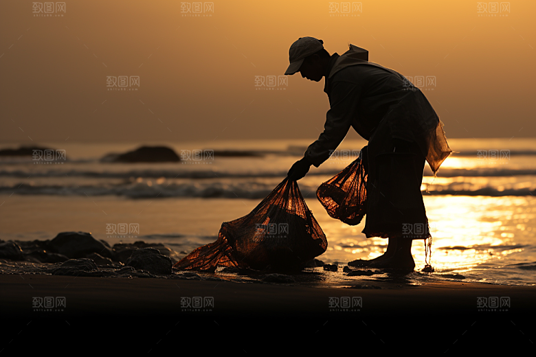 海边赶海落潮落日摄影图