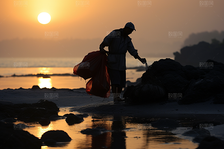 海边赶海渔获余晖摄影图