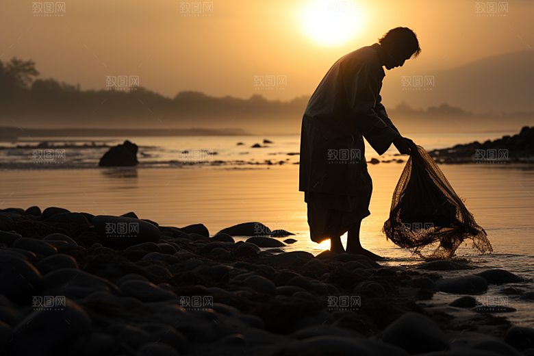 海边赶海余晖礁石摄影图