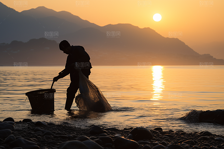 海边赶海海货夕阳摄影图