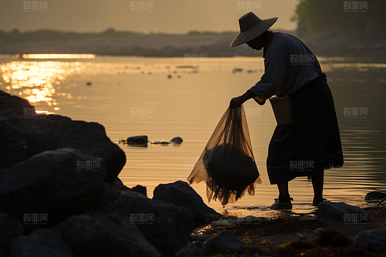 海边赶海夕阳余晖摄影图