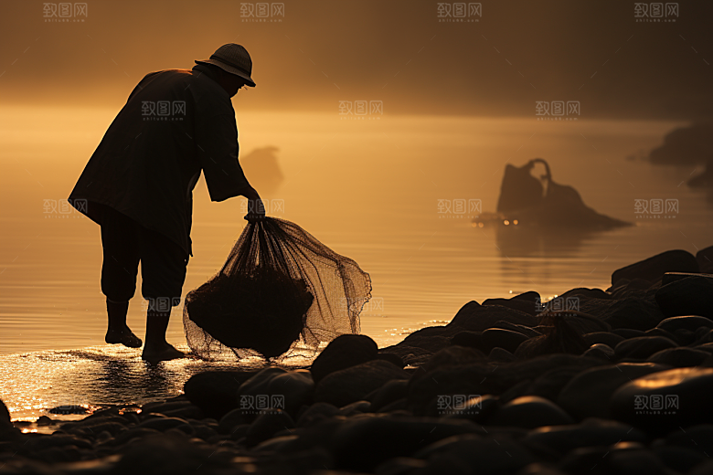 海边赶海捕捞夕阳摄影图