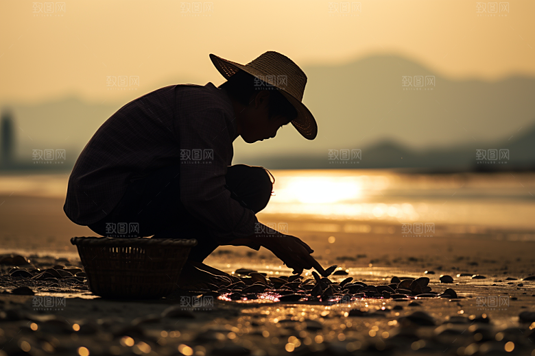 海边赶海海滩夕阳摄影图