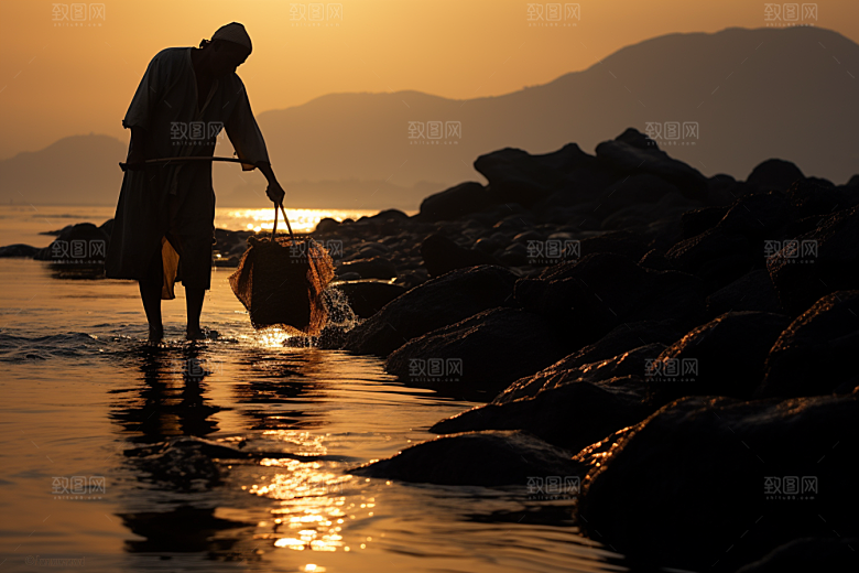 海边赶海潮汐清晨摄影图