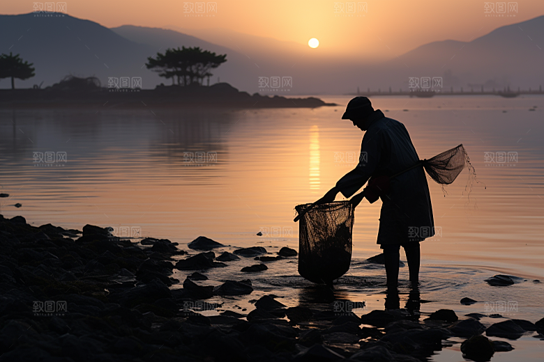 海边赶海落日海货摄影图
