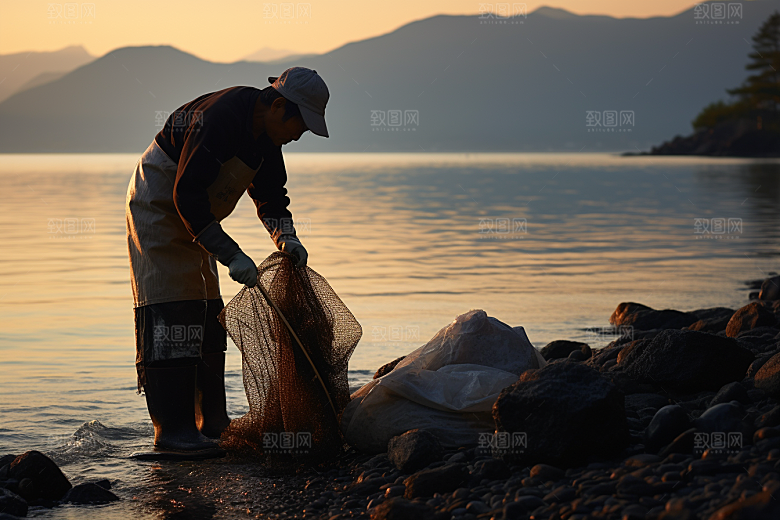 海边赶海落日黎明摄影图