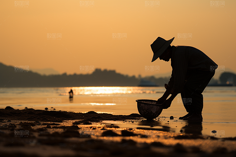 海边赶海礁石夕阳摄影图