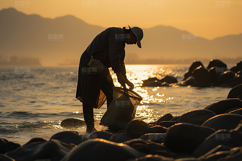 海边赶海清晨夕阳摄影图
