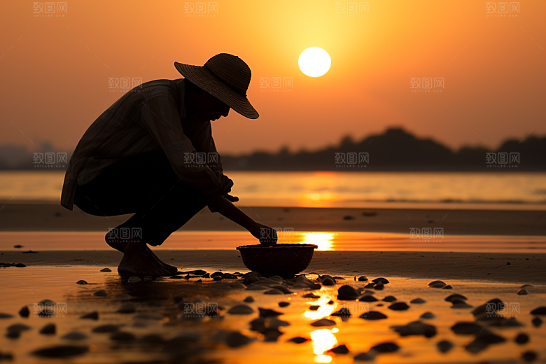 海边赶海夕阳滩涂摄影图